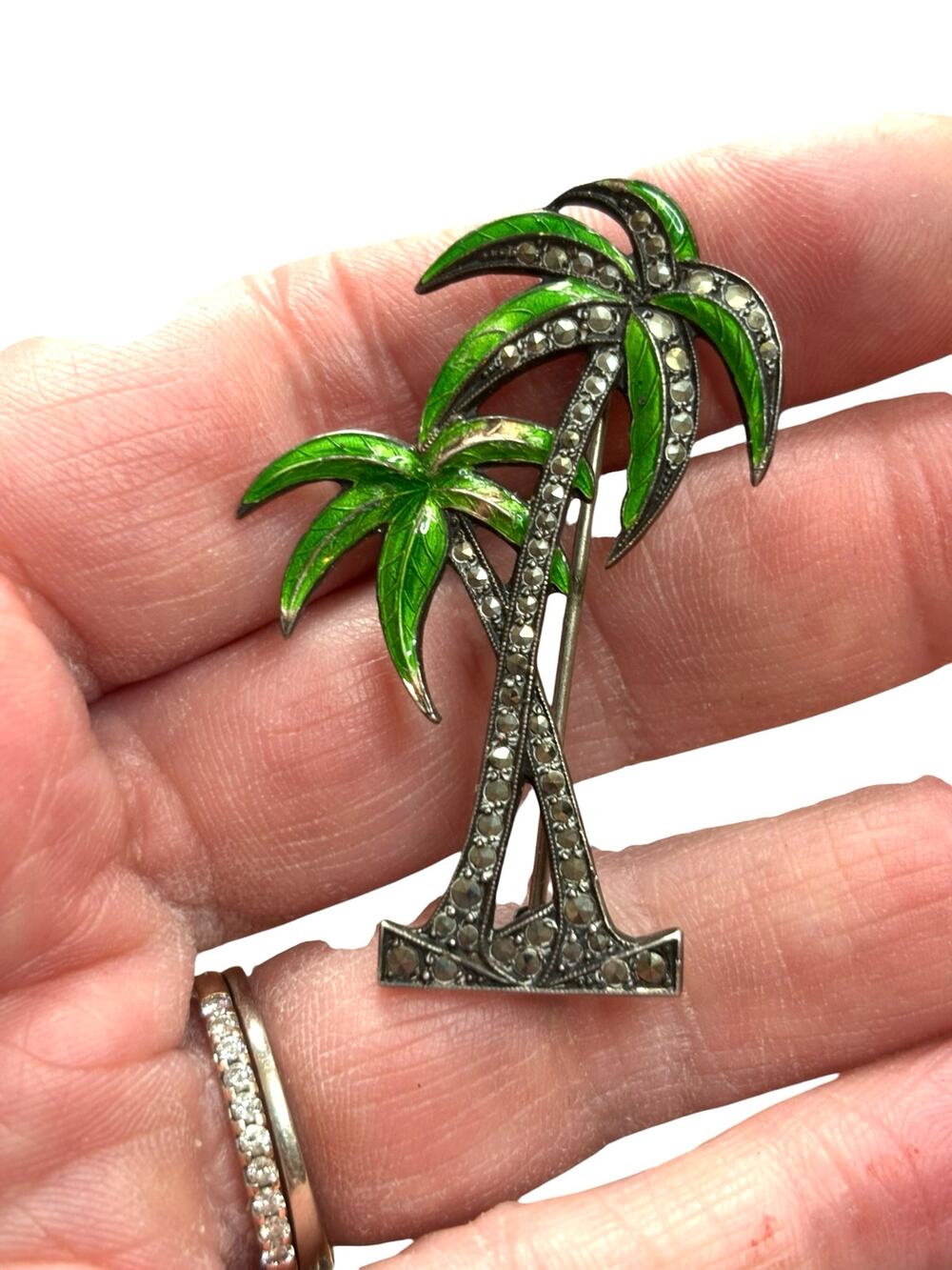 Vintage Sterling Silver Marcasite Palm Tree Brooch Green Enamel Tropical 1940s